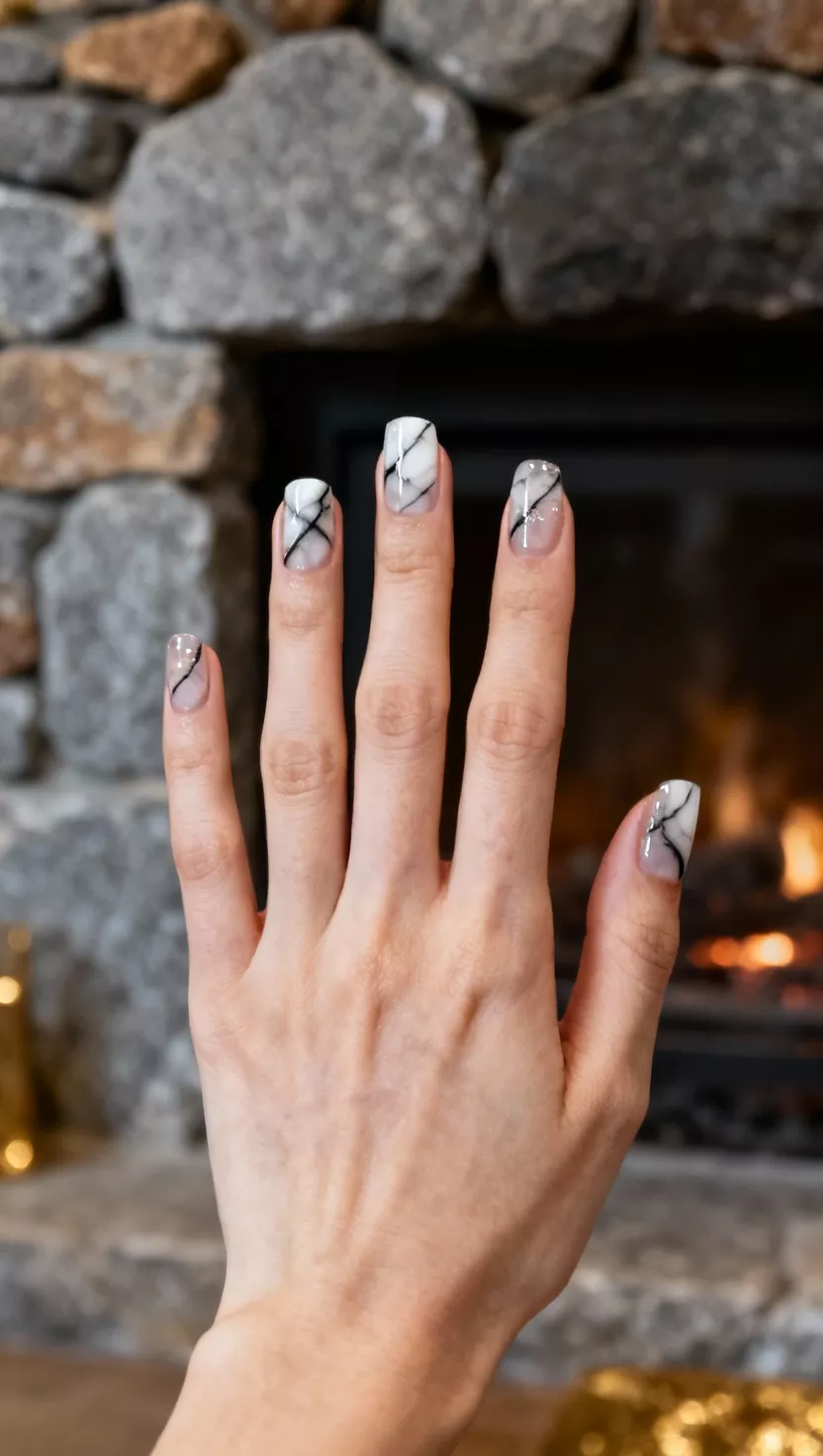 close-up shot of a woman’s hand with five fingers showing nails with a simple, subtle marble effect created using a thin swirl of black and white polish over a clear base, a stone fireplace background.