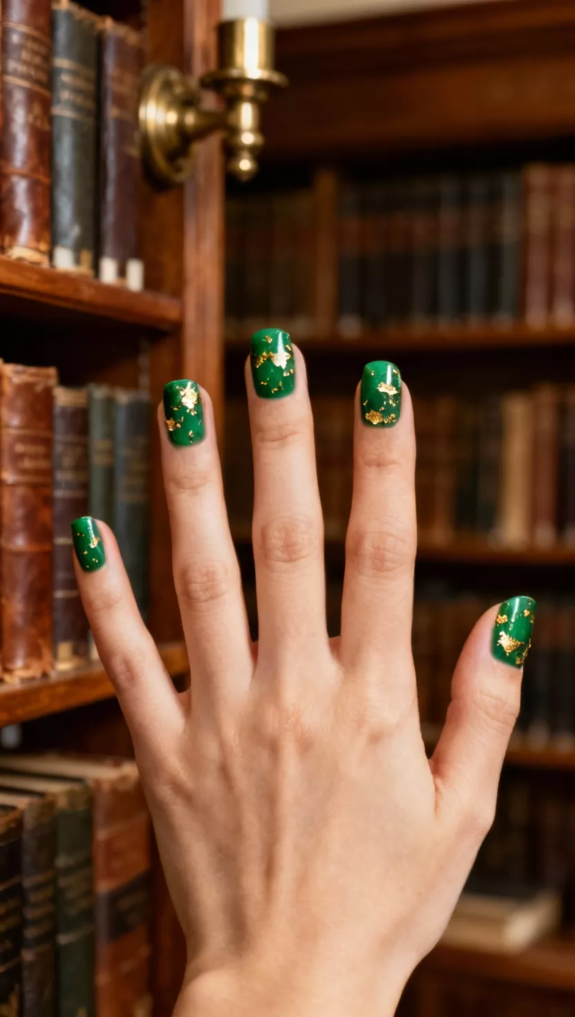 Deep Emerald Green with Gold Flakes close-up shot of a woman’s hand with five fingers showing nails with a rich, jewel-toned emerald green polish generously scattered with small gold leaf flakes, antique library background.