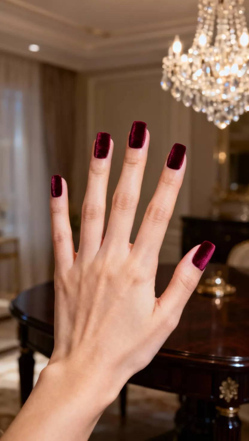 Velvet Nails in Deep Burgundy close-up shot of a woman’s hand with five fingers showing nails with a deep burgundy velvet effect, softly lit, luxurious room background.