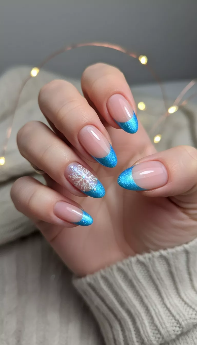 close-up shot of a woman’s hand showing nails with a French tip style with iridescent blue tips and a delicate snowflake design on the pinky, close-up nail photography, nail polish designs, pinterest aesthetic