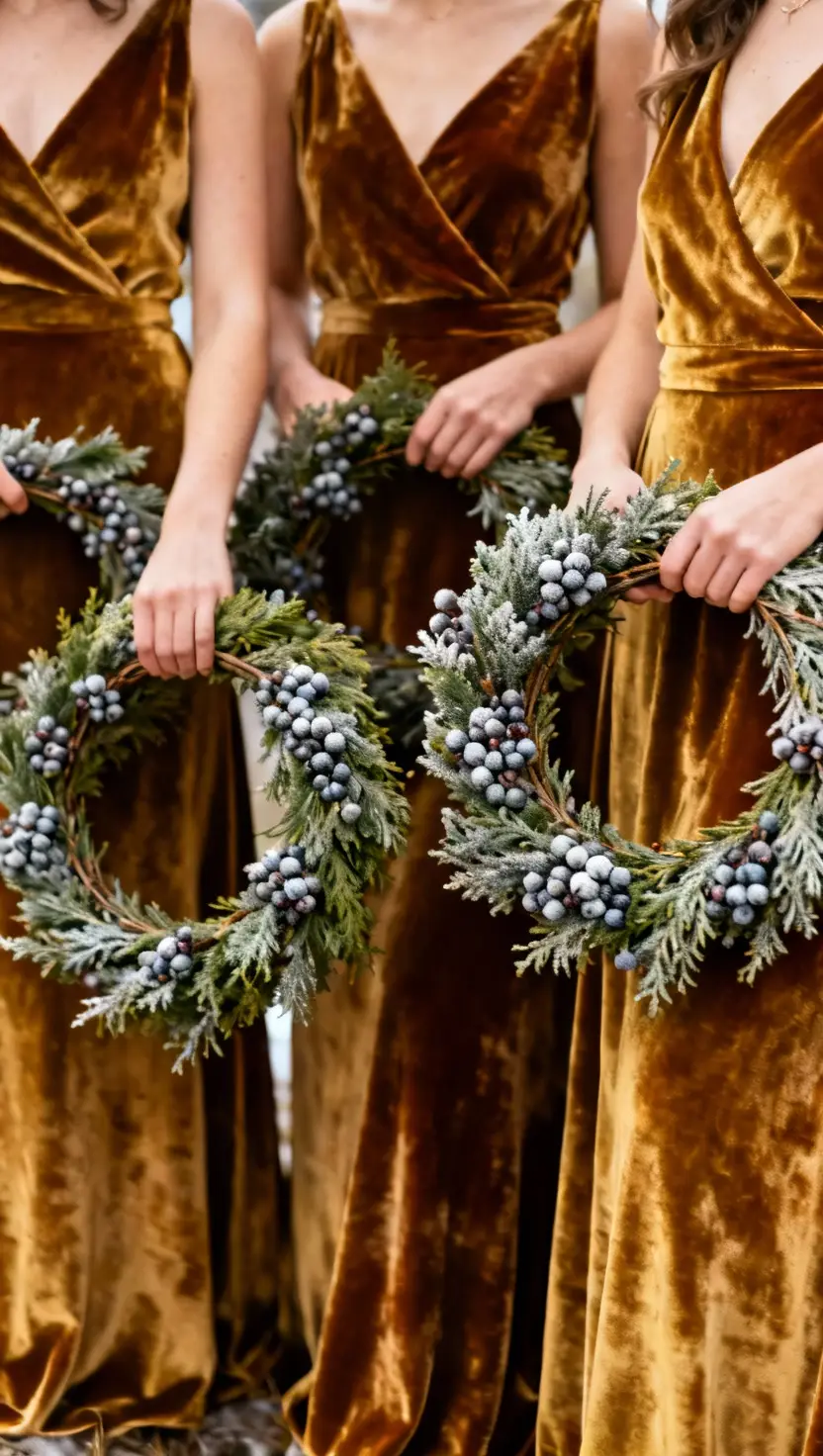 A professional photo, similar to a photo in a wedding magazine, of three bridesmaids in matching rich velvet gowns, each carrying a circular wreath made entirely of fragrant winter greenery and frosted berries instead of a traditional floral bouquet.