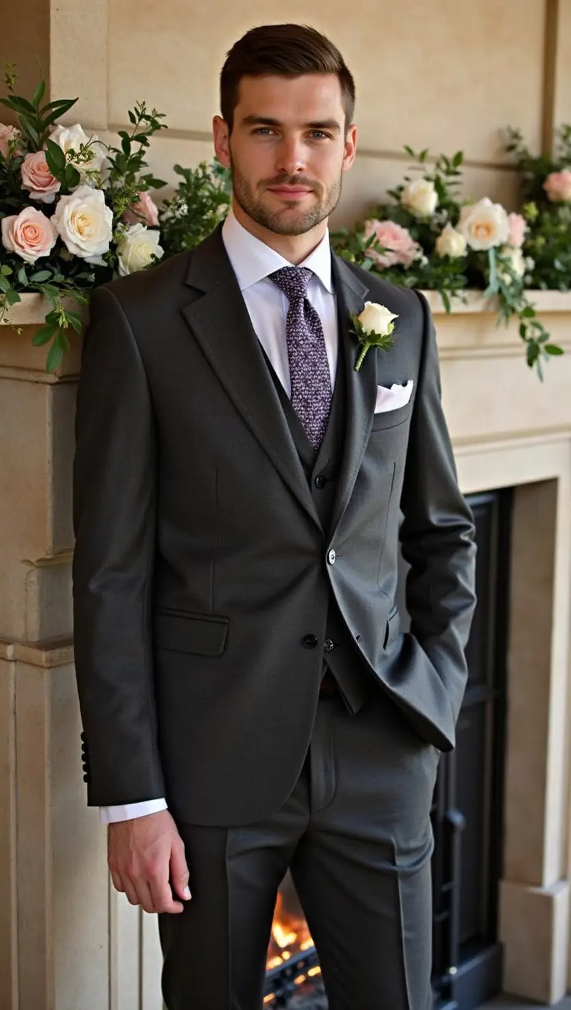 Herringbone Wool Suit in Charcoal