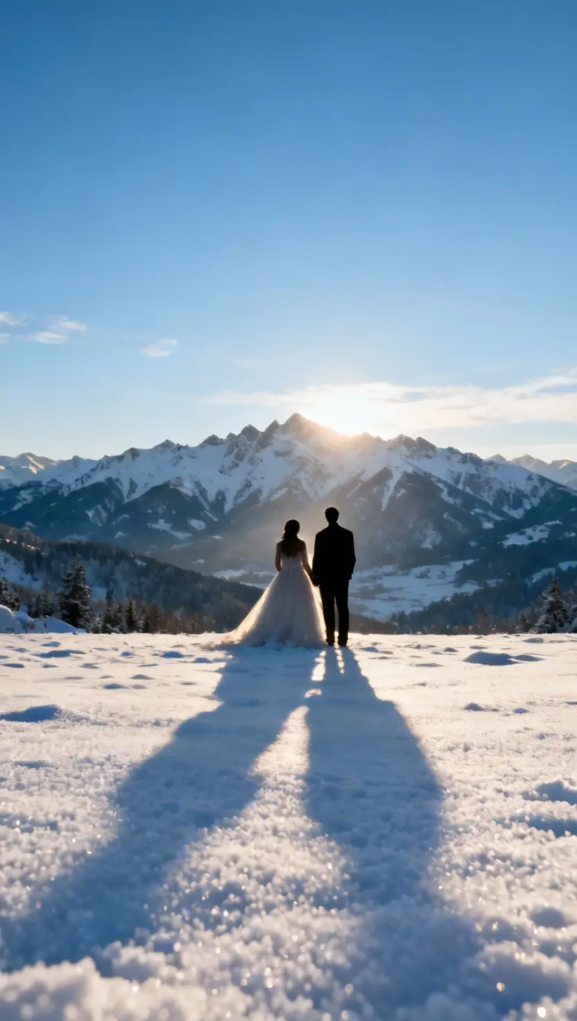 A professional photo, similar to a photo in a wedding magazine, of the bride and groom silhouetted against a vast winter landscape, their backdrop a breathtaking mountain range lightly dusted with fresh snow under a clear blue sky.