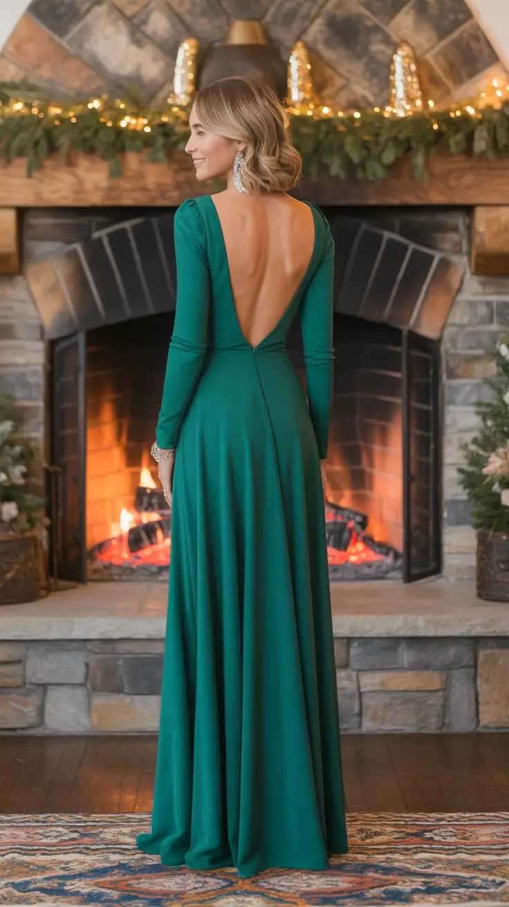 Hunter Green Long Sleeve Backless Maxi Dress