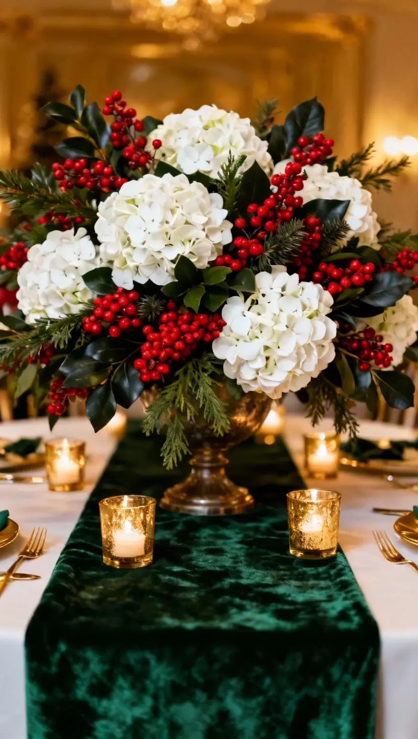 Hydrangea Wedding Centerpiece With Red Berries