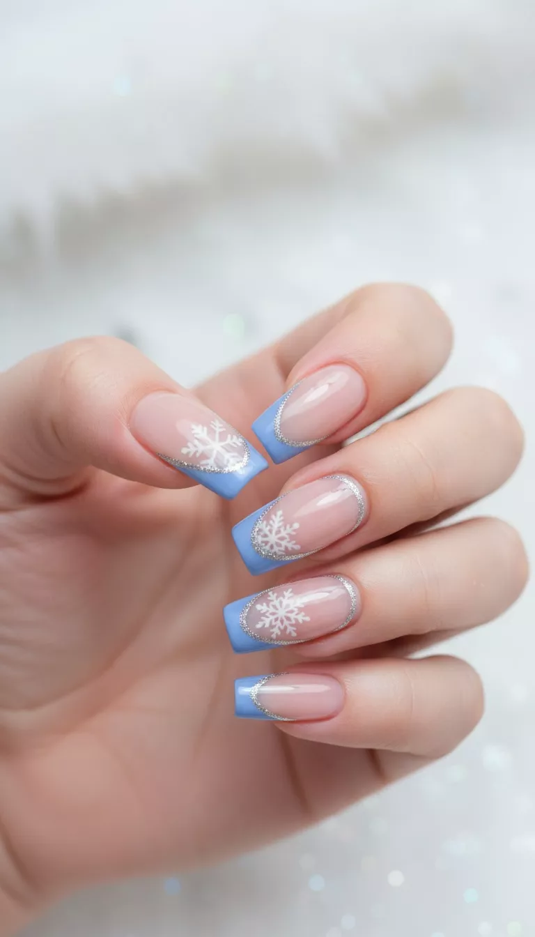 close-up shot of a woman’s hand showing nails with long, square-shaped nails featuring a soft blue French tip with white snowflake designs and shimmering silver outlines, close-up nail photography, nail polish designs, pinterest aesthetic