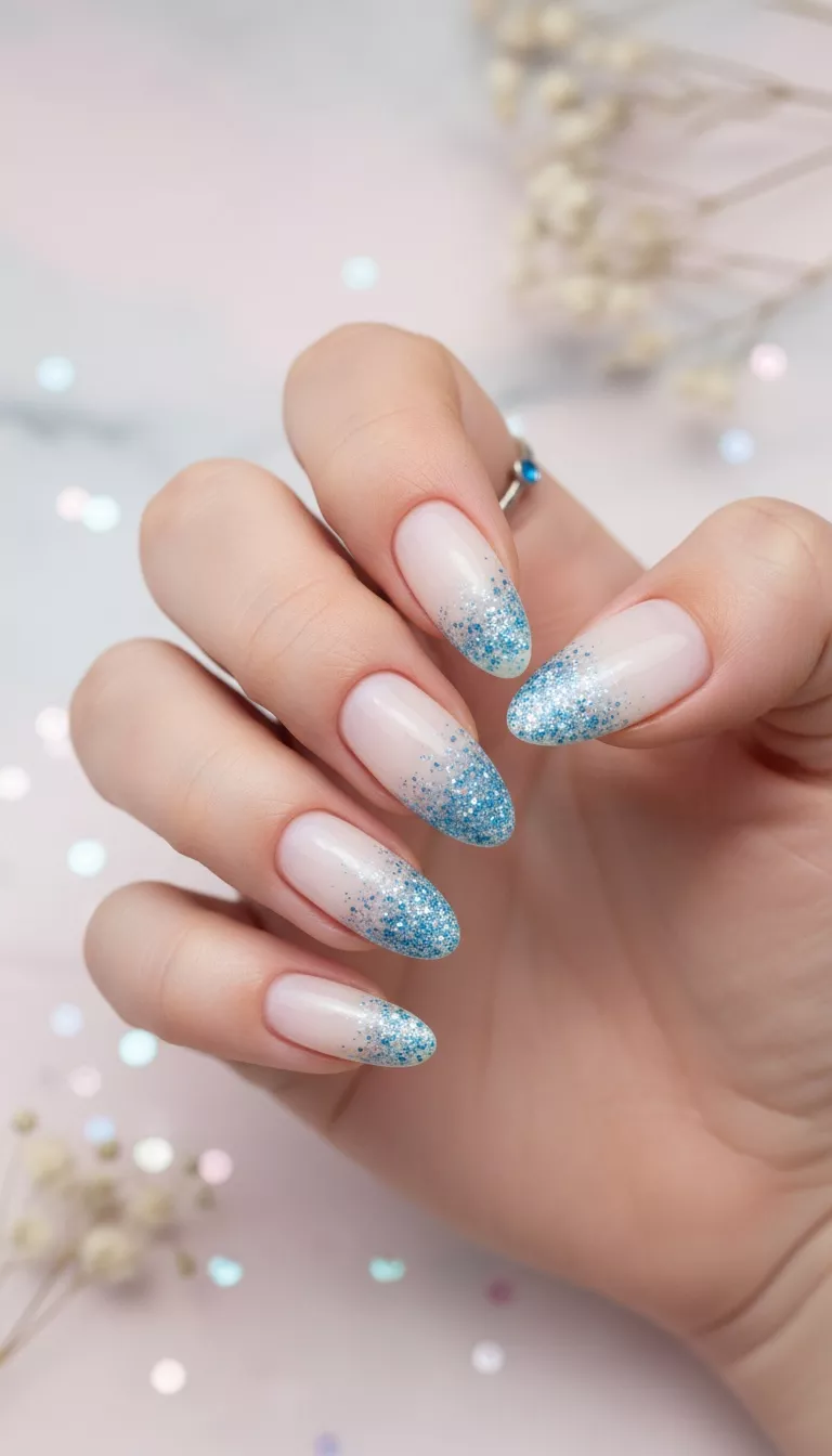 close-up shot of a woman’s hand showing nails with a classic French manicure with sparkling blue glitter tips, close-up nail photography, nail polish designs, pinterest aesthetic