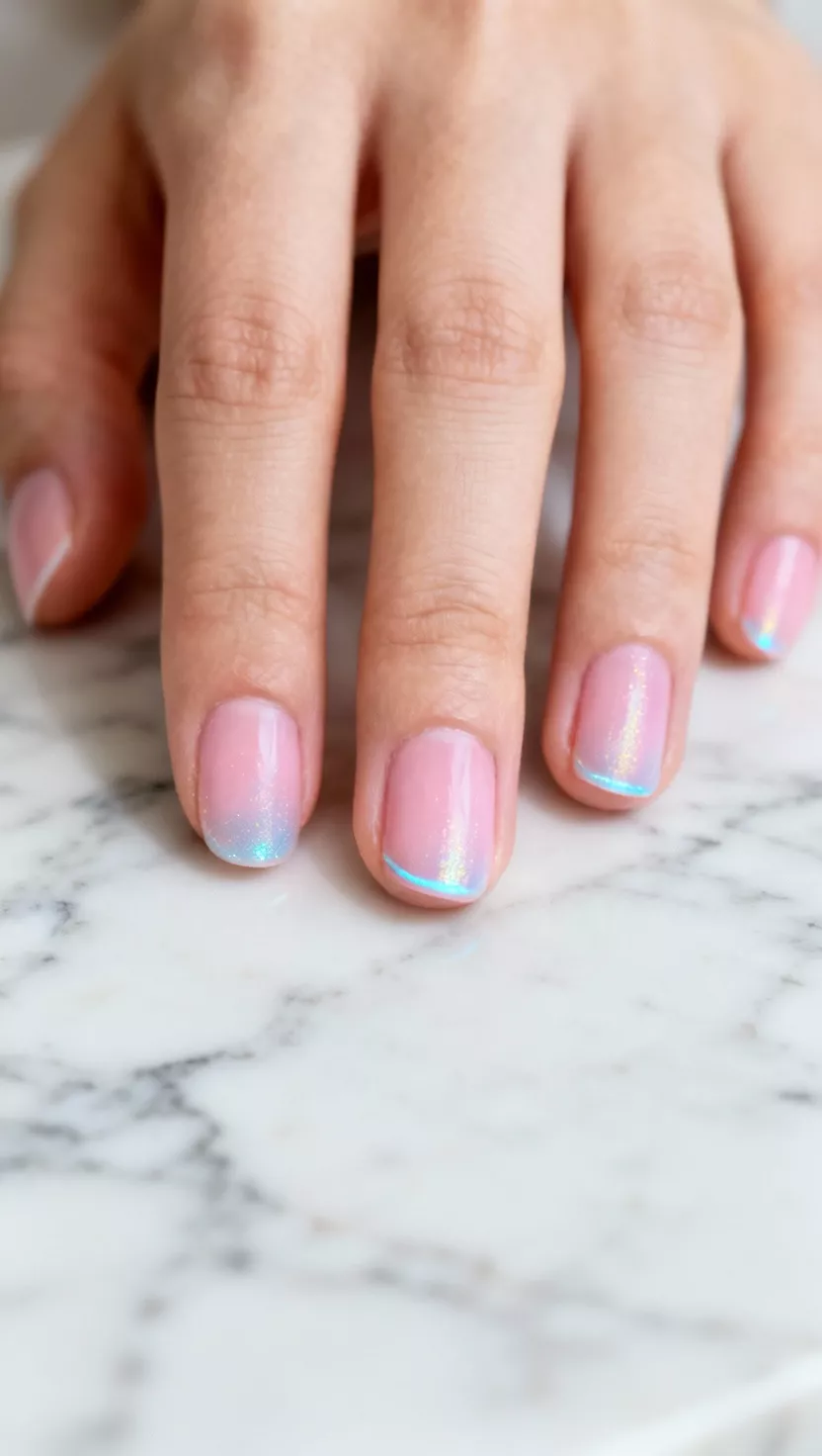 close-up shot of a woman’s hand with five fingers showing nails with a natural pink base and an incredibly thin, almost invisible line of iridescent icy blue shimmer on the tip, a marble countertop background.