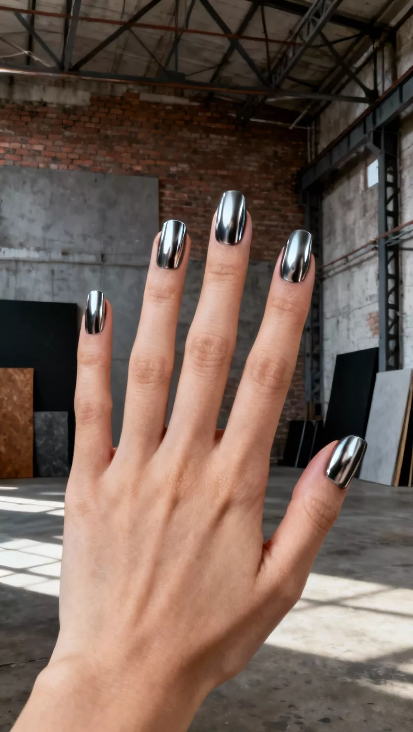 close-up shot of a woman’s hand with five fingers showing nails with highly reflective liquid chrome gunmetal gray polish, industrial loft background.