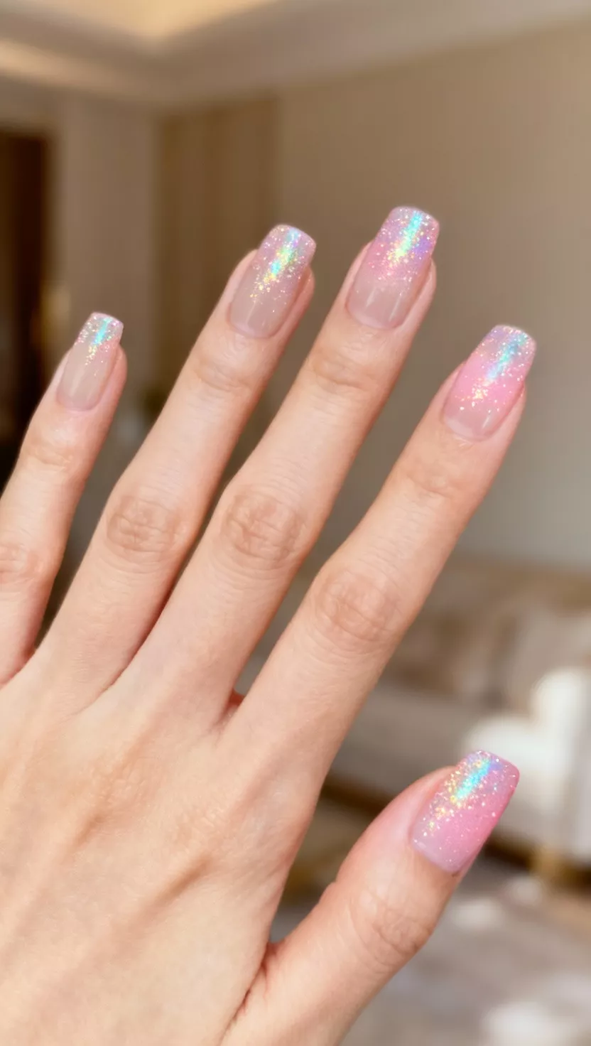 Sparkling Cotton Candy Pink Tips close-up shot of a woman’s hand with five fingers showing nails with a sheer nude base and a soft cotton candy pink gradient fading towards the tip, heavily dusted with fine iridescent glitter, room background.