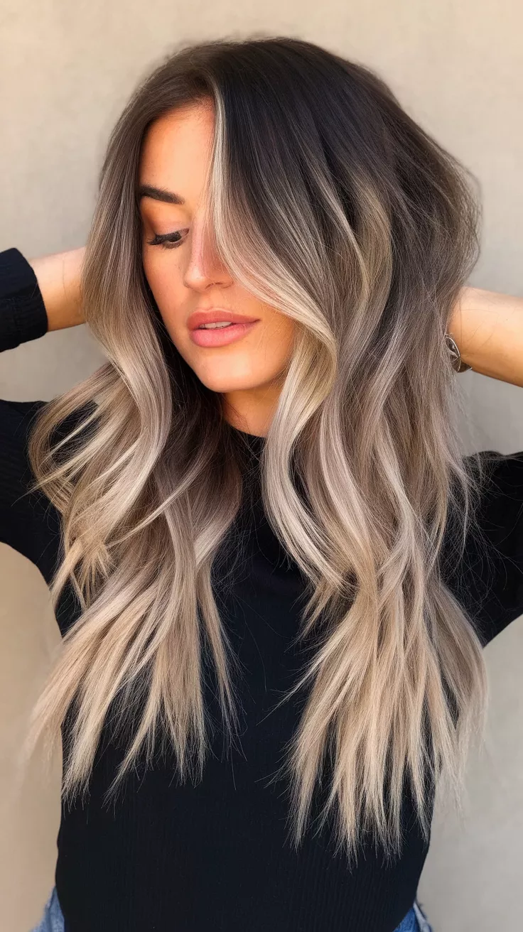 A photo of a 26-year-old woman with a Ash Beige Balayage colored long hairstyle, front view.