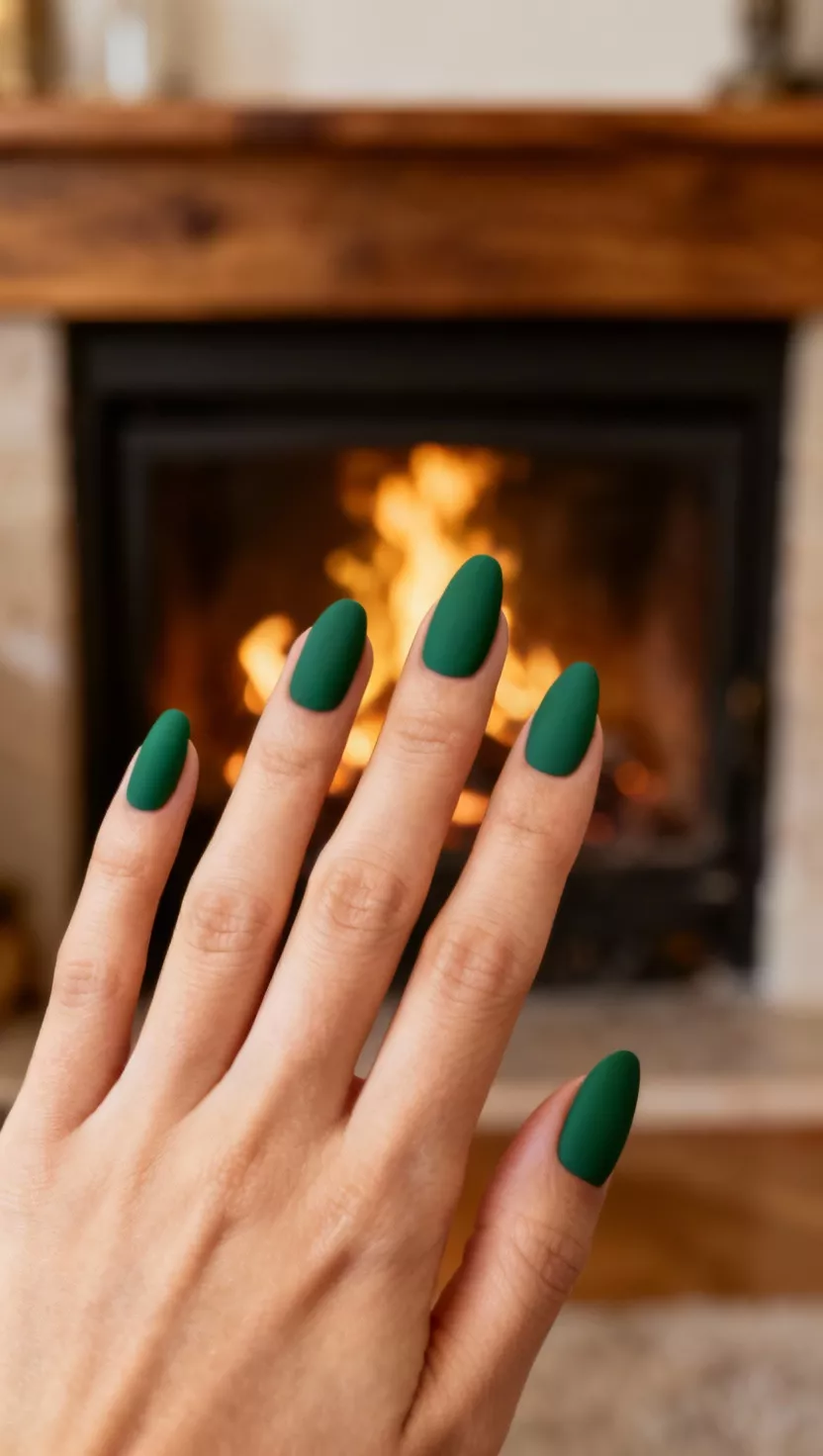 Matte Forest Green Almond Shape close-up shot of a woman’s hand with five fingers showing nails with a smooth matte forest green color on almond shaped nails, cozy fireplace background.