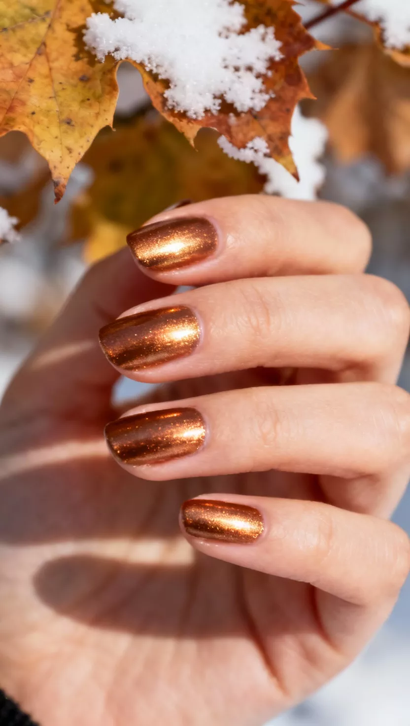close-up shot of a woman’s hand with five fingers showing nails with a warm, metallic copper polish that reflects light beautifully, a background of fall leaves integrated with the edge of snow.