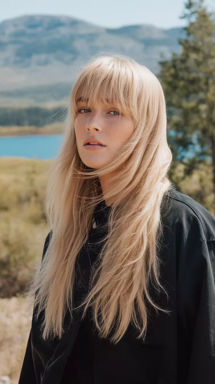 A photo of a 29-year-old woman with a Metal Beige Blonde colored long hairstyle, back view.