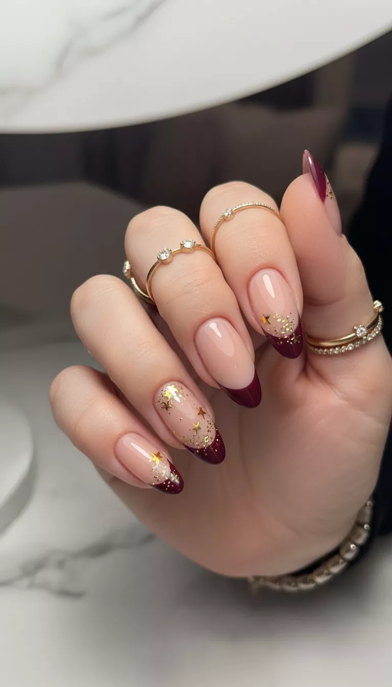 close-up shot of a woman’s hand showing nails with elegant burgundy tips over a nude base with shimmering gold star accents, close-up nail photography, nail polish designs, pinterest aesthetic