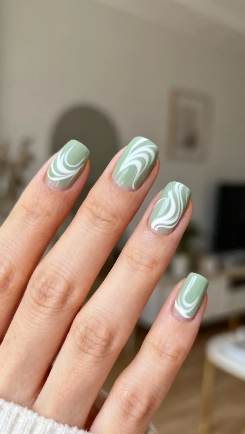 close-up shot of a woman’s hand with five fingers showing nails with a creamy pale sage green base and abstract white swirl art, room background.