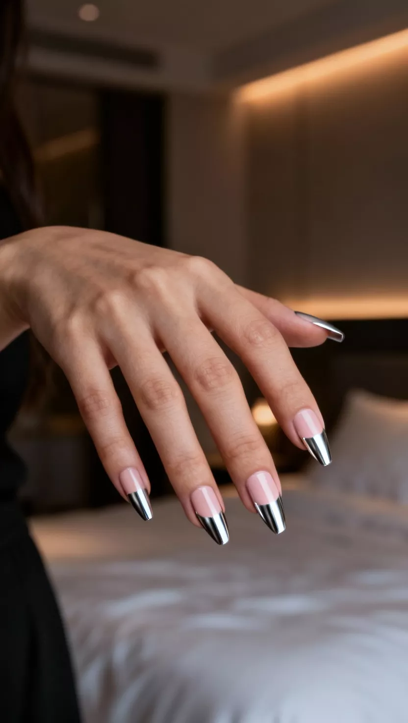 close-up shot of a woman’s hand with five fingers showing nails with a pale blush base and sharp silver chrome French tips, a dimly lit, modern bedroom background.