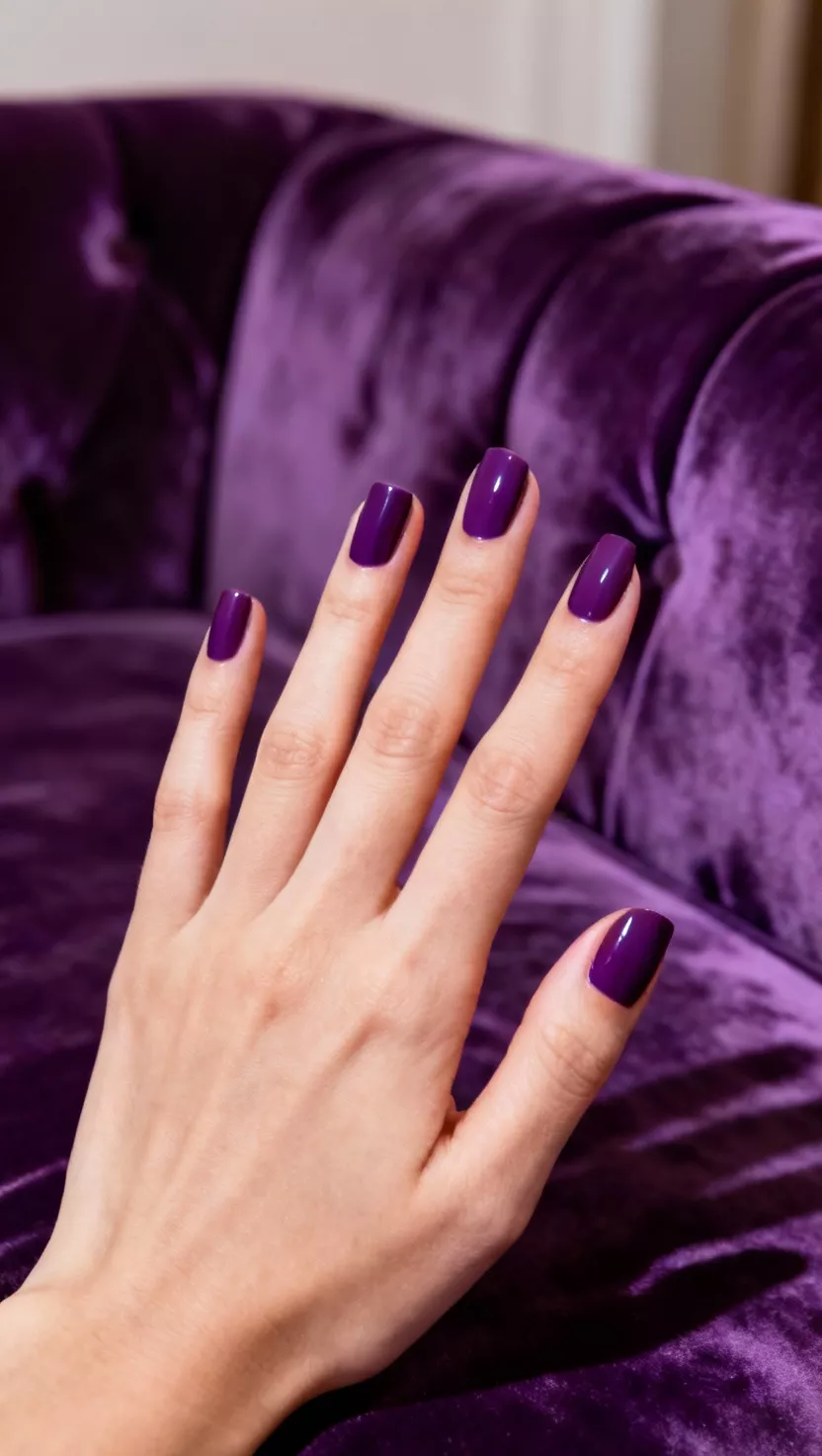Deep Violet Cream Finish close-up shot of a woman’s hand with five fingers showing nails with a solid, opaque deep purple (violet) cream polish finish, luxurious velvet sofa background.