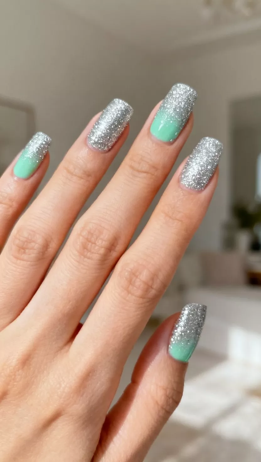 close-up shot of a woman’s hand with five fingers showing nails with a mint green base fading into dense silver glitter at the tips, room background.