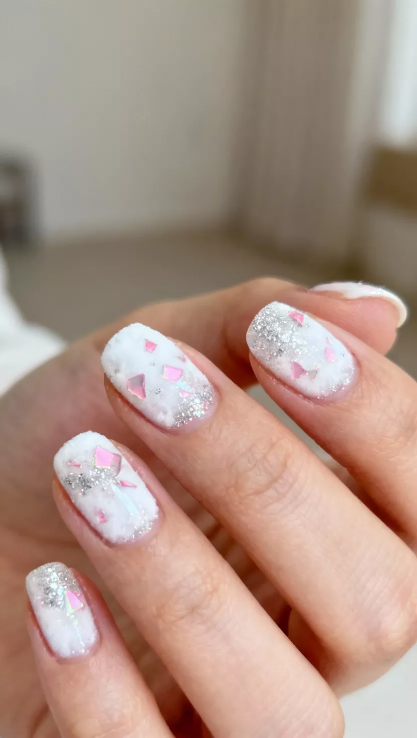 Winter Wonderland Pink Flakes close-up shot of a woman’s hand with five fingers showing nails with a snowy white base lightly dusted with small, irregular pink iridescent flakes and fine silver glitter, room background.