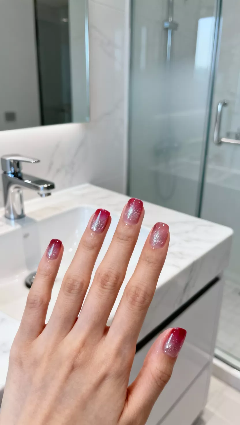 close-up shot of a woman’s hand with five fingers showing nails with a sheer, colored jelly polish base (like raspberry red) topped with an extremely fine, almost invisible clear chrome powder for a wet look, modern minimalist bathroom setting