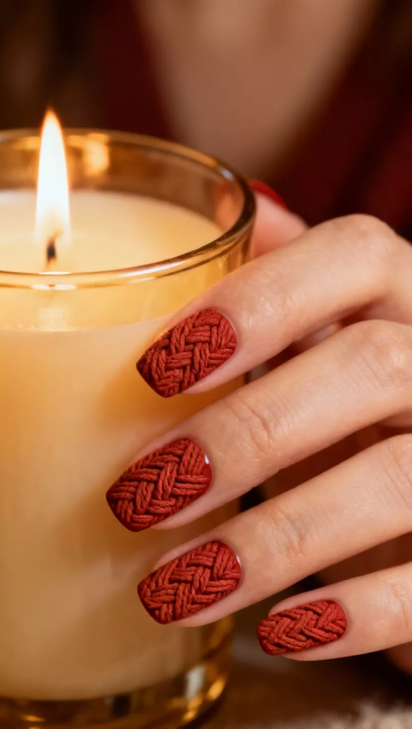 close-up shot of a woman’s hand with five fingers showing nails in a warm brick red color, featuring a raised 3D cable knit sweater texture created using gel polish on all nails, next to a burning candle.