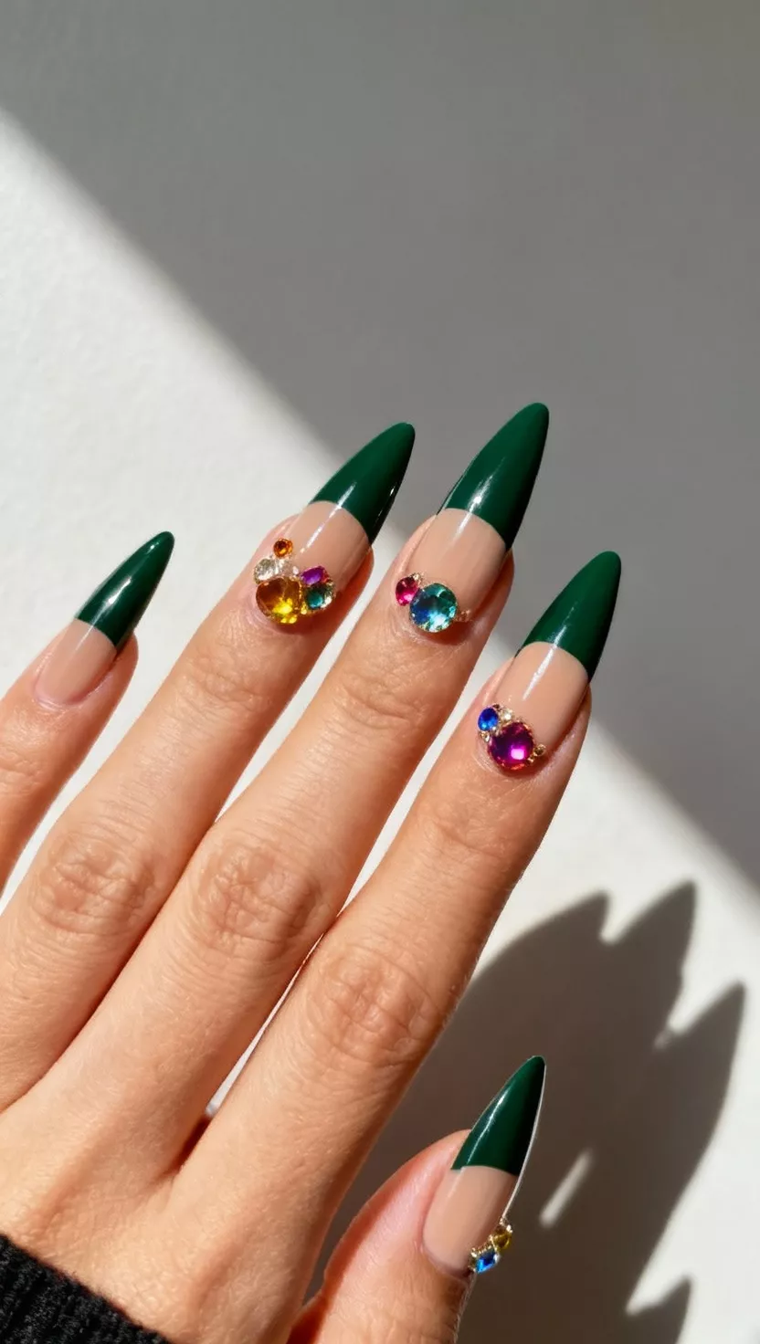 close-up shot of a woman’s hand showing nails with long and pointed nails featuring a dark green French tip contrasted with a nude base adorned by colorful gemstones, close-up nail photography, nail polish designs, pinterest aesthetic