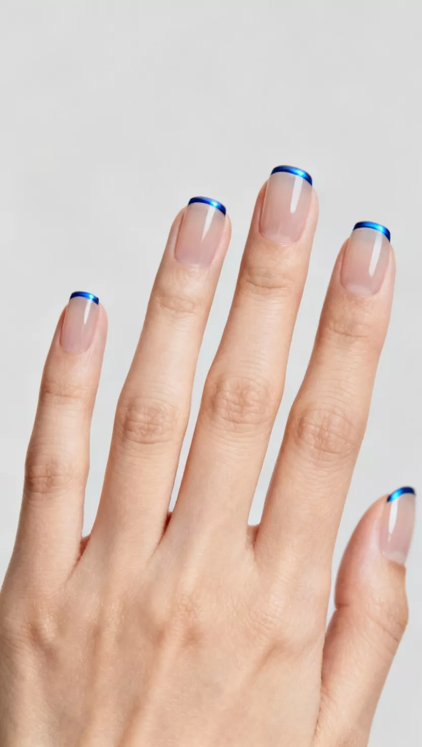 close-up shot of a woman’s hand with five fingers showing nails with a sheer nude base and an extremely thin, indigo blue chrome line across the free edge of the nail, clean minimalist studio background