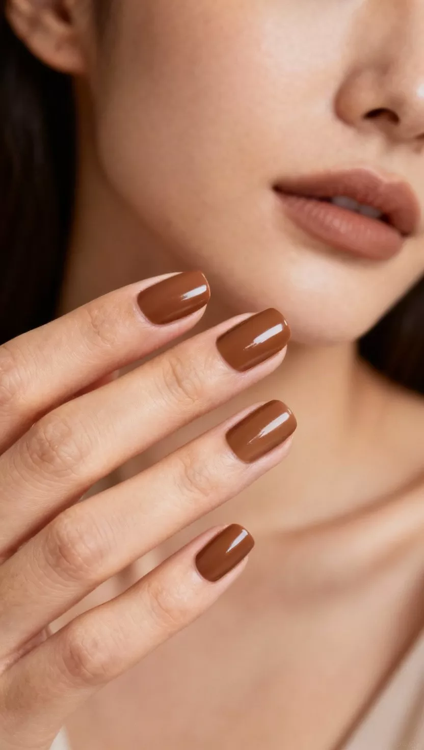 close-up shot of a woman’s hand with five fingers showing nails with a creamy, warm mocha brown color, like a light chocolate mixed with coffee, close-up nail photography, nail polish designs, pinterest aesthetic