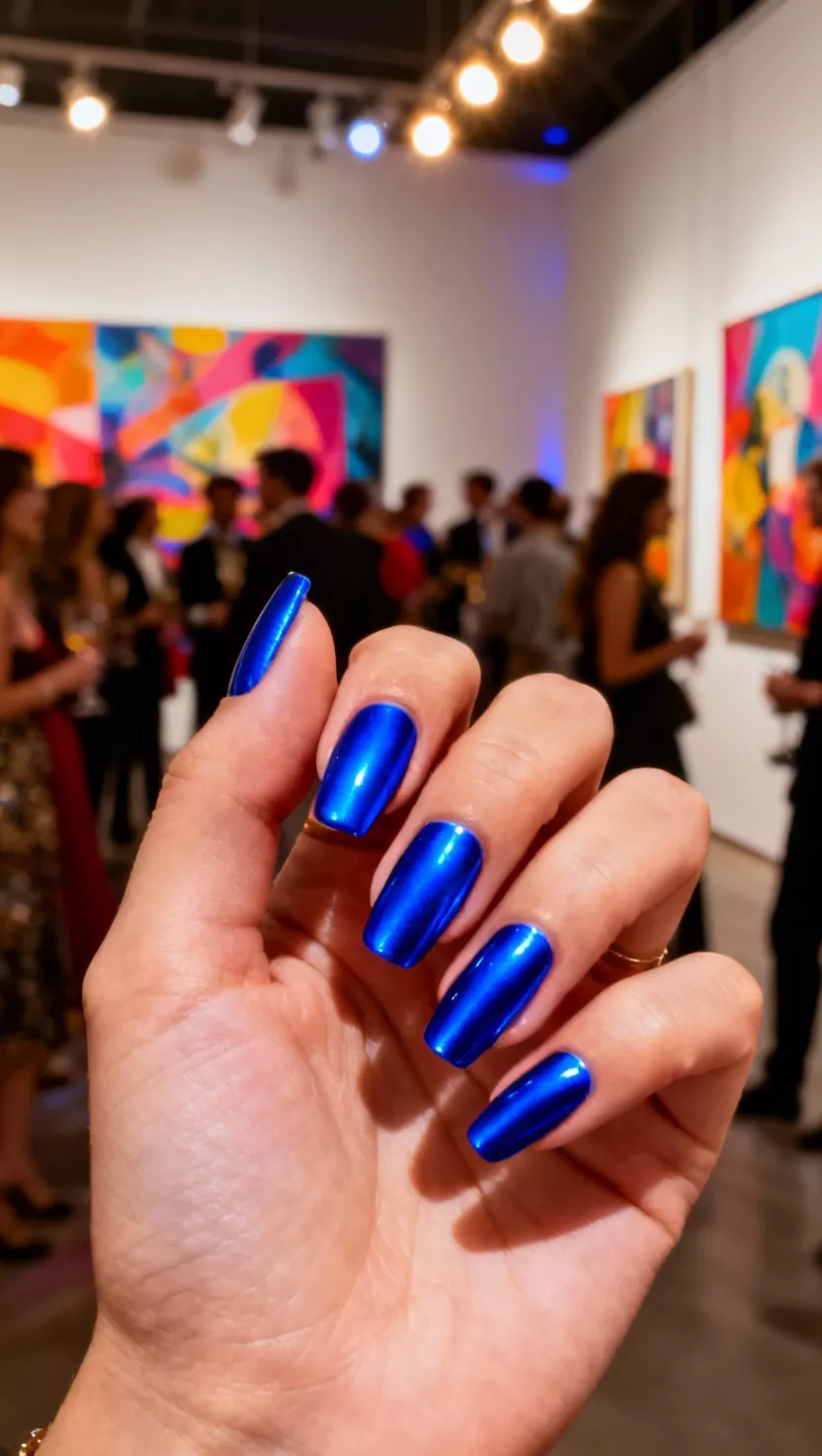 close-up shot of a woman’s hand with five fingers showing nails with an intensely bright, electric cobalt blue full coverage chrome, vibrant art gallery opening background