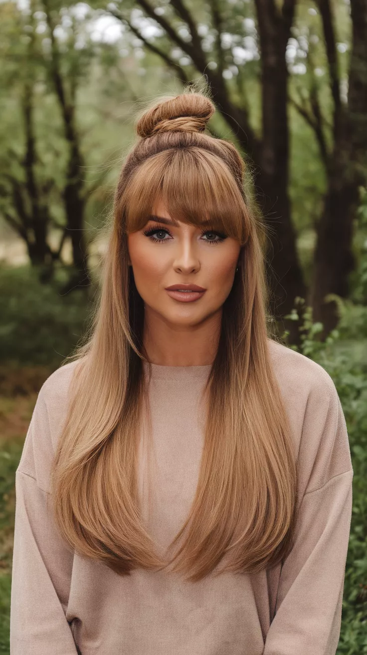 Bronde A photo of a 29-year-old woman with a Bronde colored long hairstyle, back view.