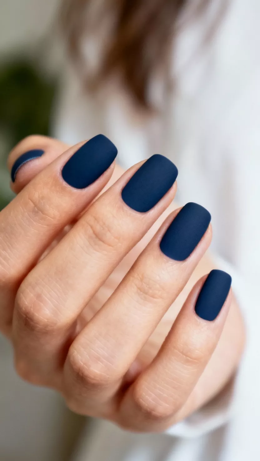 close-up shot of a woman’s hand with five fingers showing nails with a deep, matte navy blue color, almost black but with a strong blue undertone, close-up nail photography, nail polish designs, pinterest aesthetic