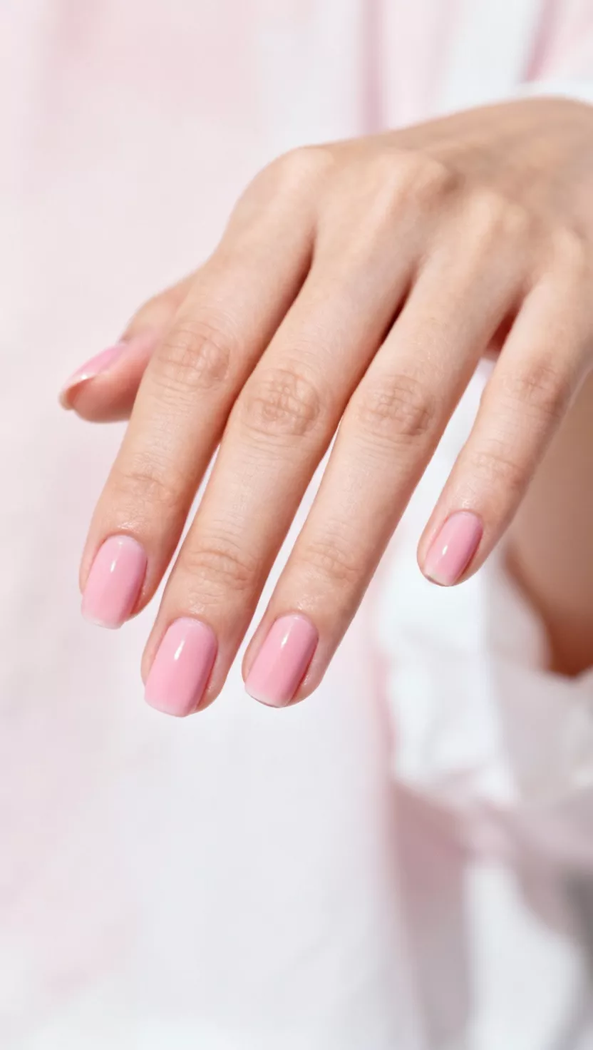 close-up shot of a woman’s hand with five fingers showing nails with a sheer, pale, clean rosy pink color, like a fresh manicure, close-up nail photography, nail polish designs, pinterest aesthetic