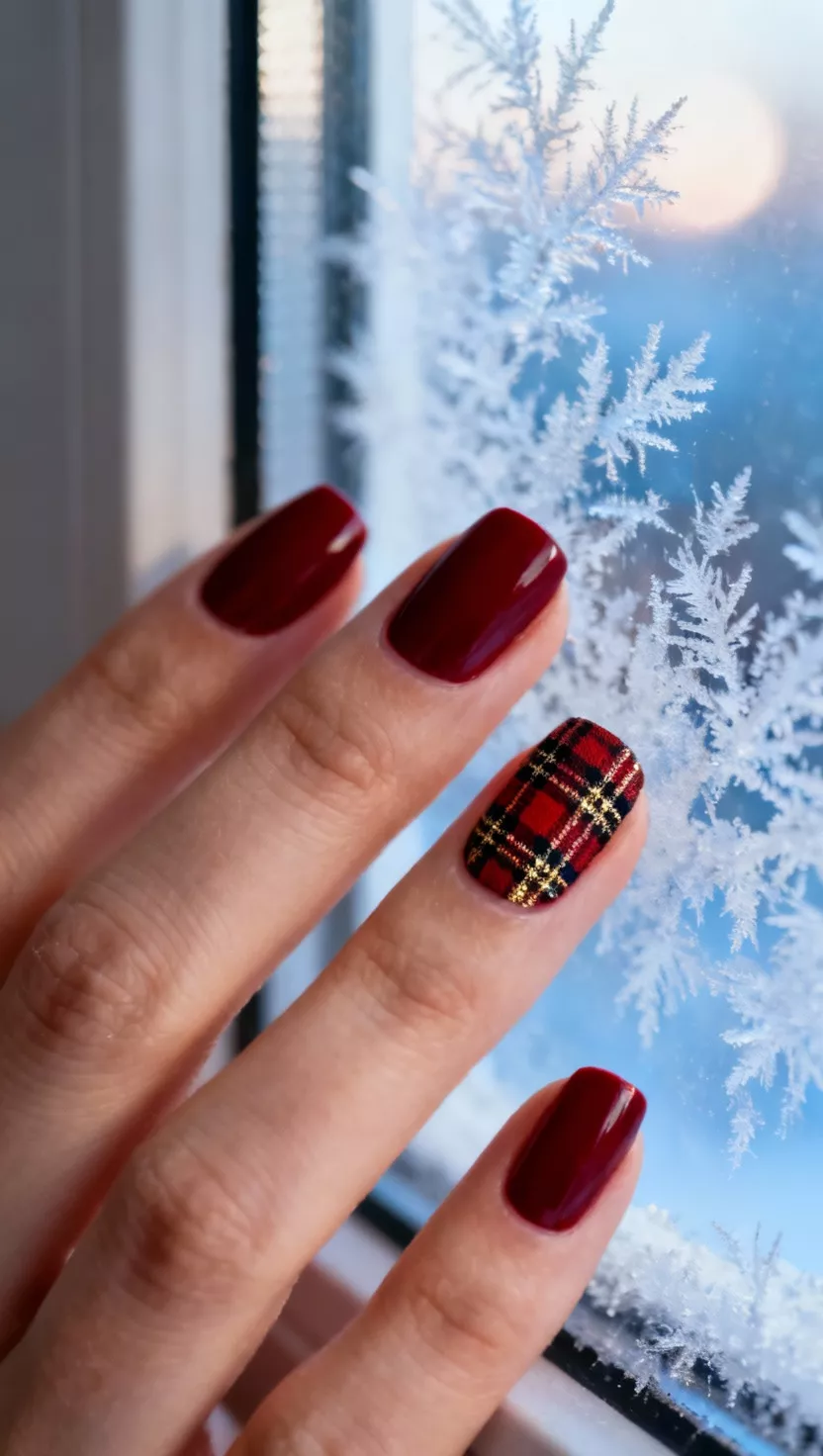 close-up shot of a woman’s hand with five fingers showing nails coated in a solid dark red polish, with the ring finger featuring a complex, thin lined plaid pattern in red, black, and gold, beside a window with frost.