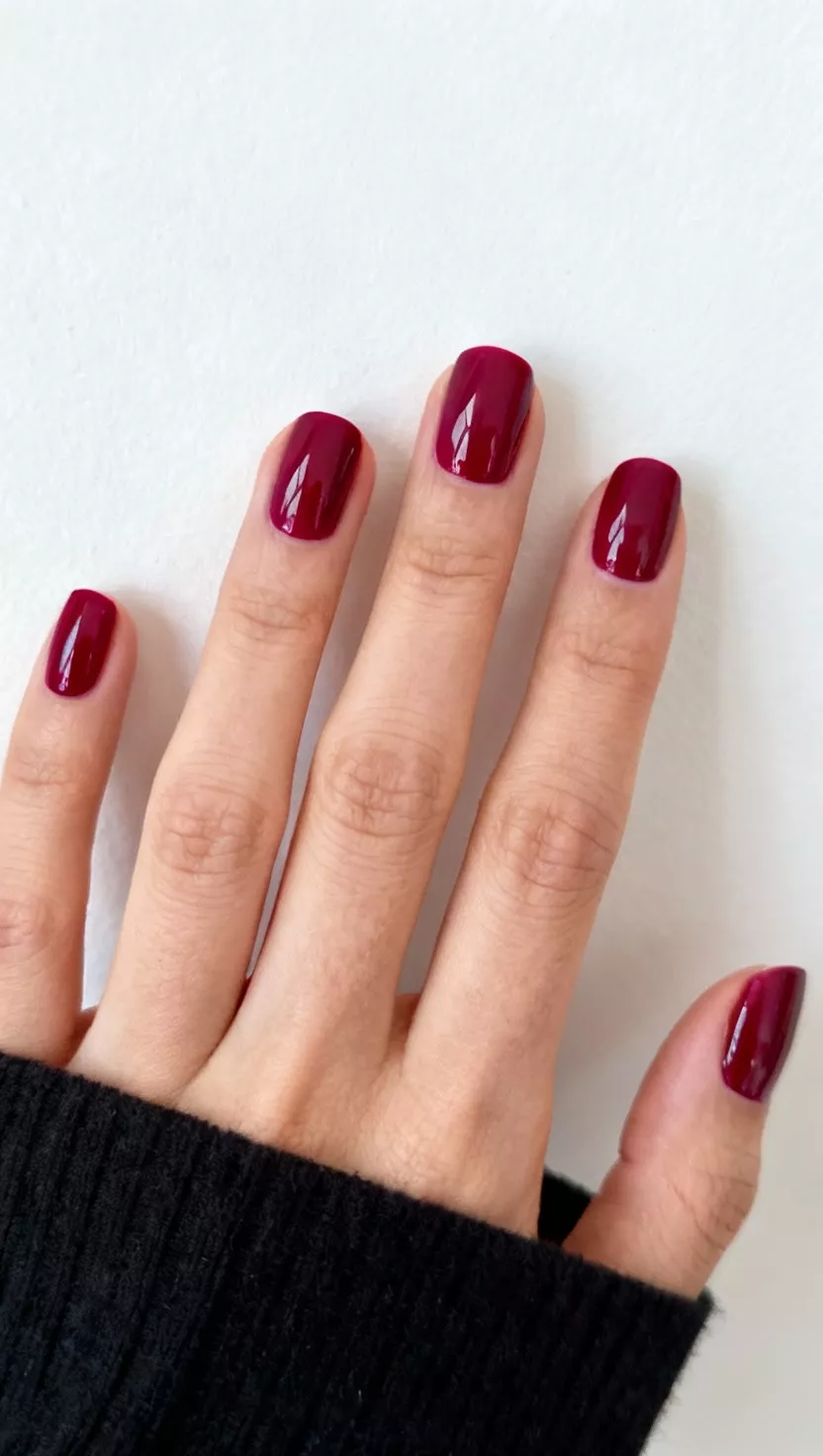 close-up shot of a woman’s hand with five fingers showing nails with a rich, vibrant cranberry red or deep magenta color, reminiscent of winter berries, close-up nail photography, nail polish designs, pinterest aesthetic