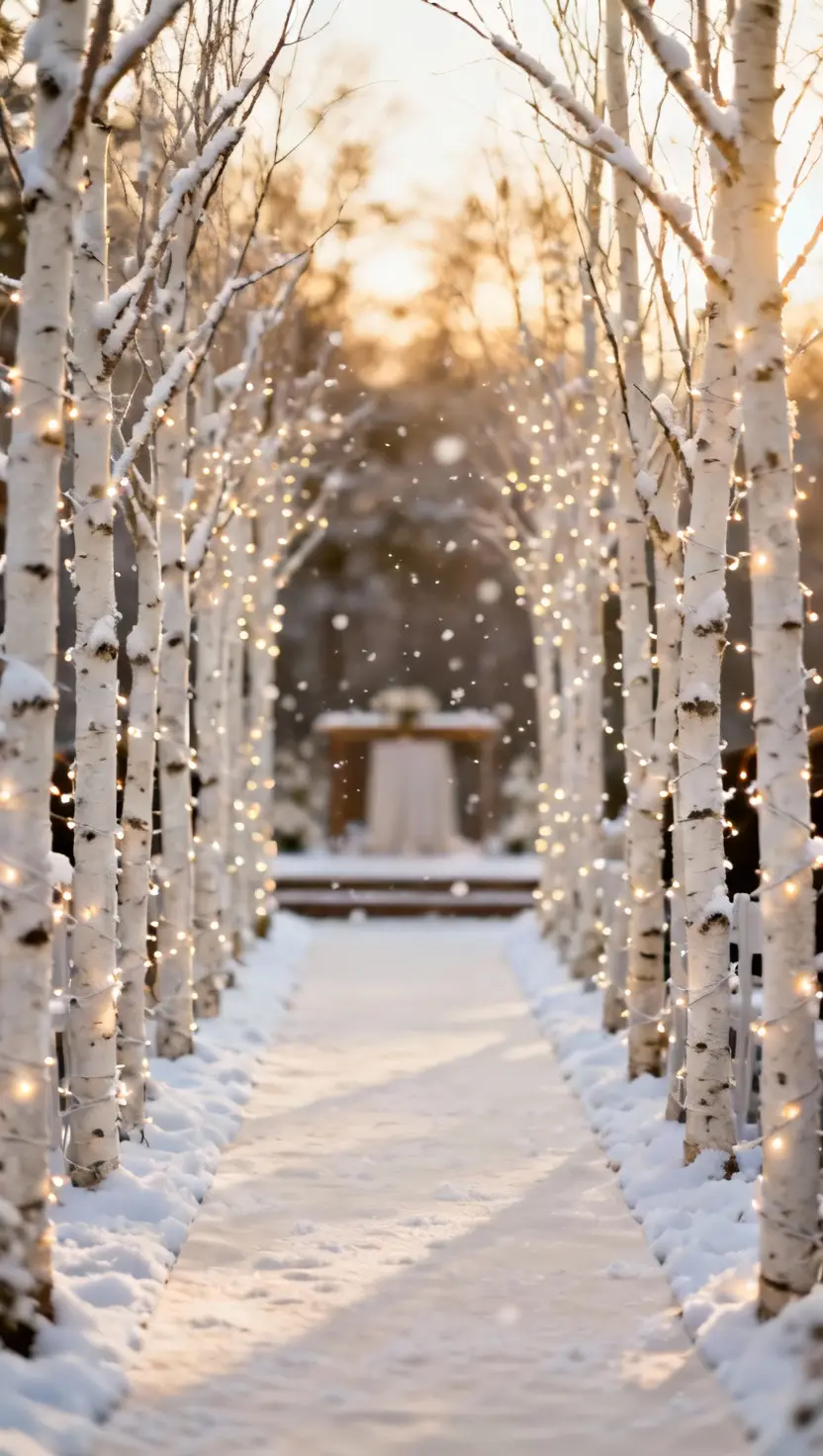 A professional photo, similar to a photo in a wedding magazine, of a wedding aisle lined on both sides with tall, sparse white birch branches wrapped in delicate twinkle lights and dusted with artificial snow, leading to an altar.
