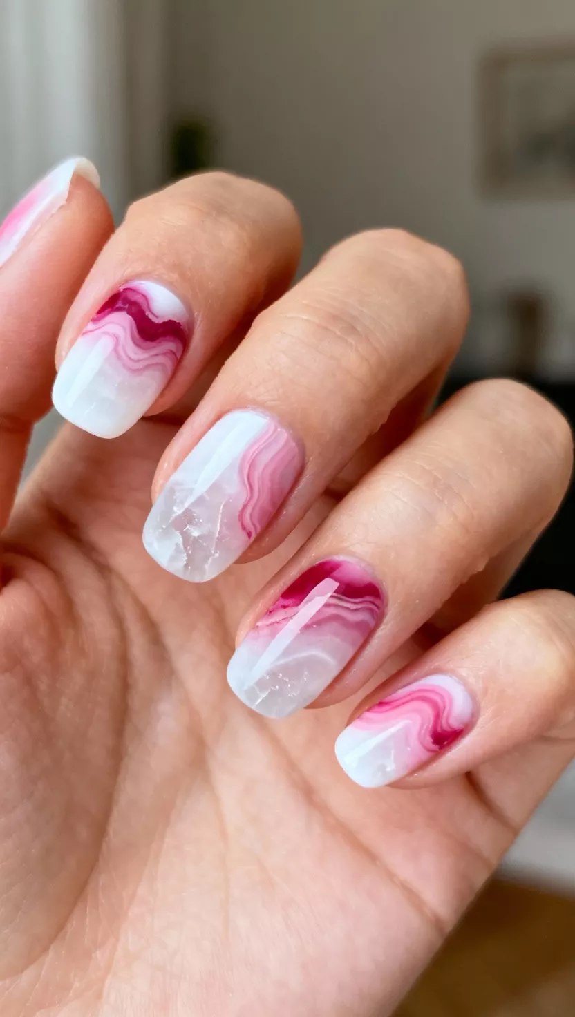 Pink Glacier Marble Effect close-up shot of a woman’s hand with five fingers showing nails with a bright white base blended with swirls of muted pink and deep rose to mimic the look of striated glacier ice, room background.