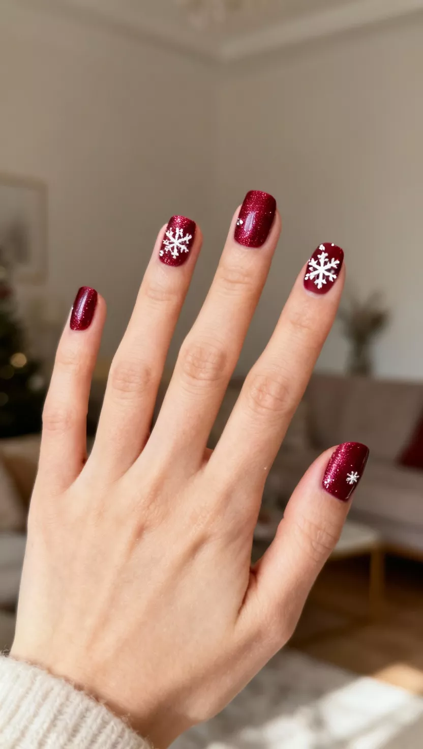 close-up shot of a woman’s hand with five fingers showing nails painted in a shimmering cranberry red polish, with delicate, tiny white hand-painted snowflake designs randomly scattered on two accent nails, living room background.