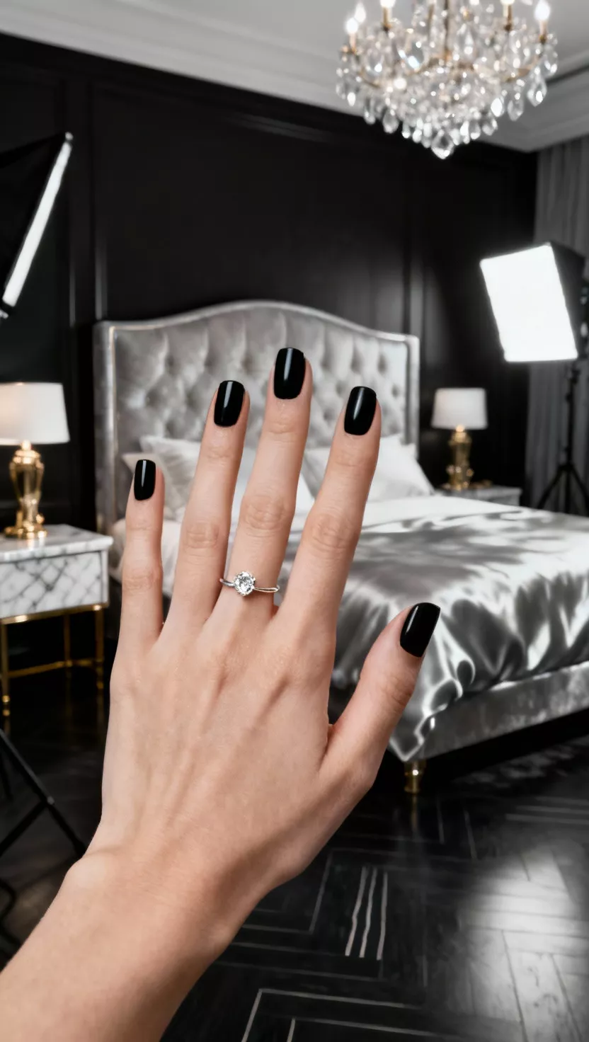 close-up shot of a woman’s hand with five fingers showing nails with deep, true black matte polish, minimal jewellery, luxury bedroom background.