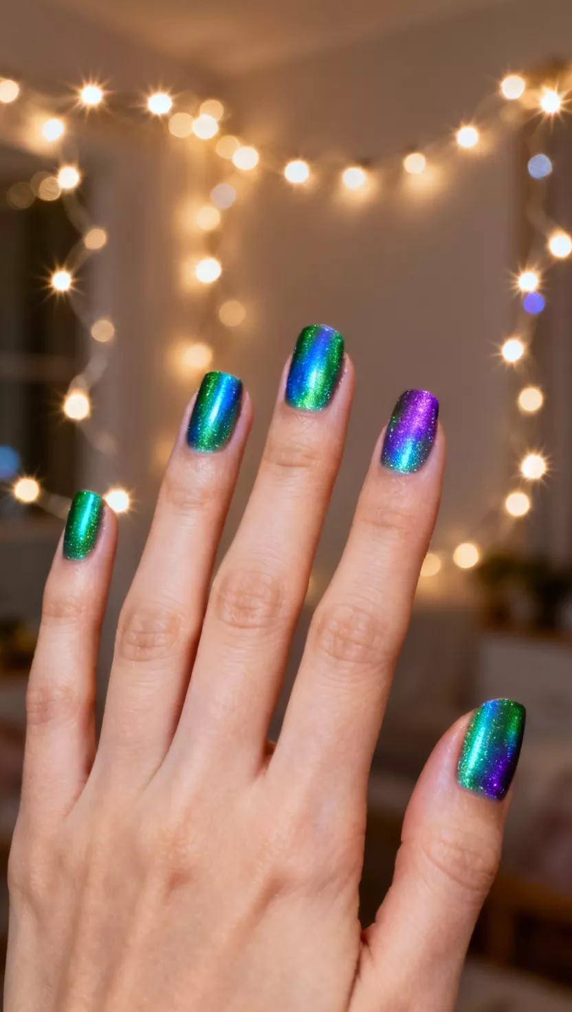 Aurora Borealis Effect close-up shot of a woman’s hand with five fingers showing nails with shifting holographic polish featuring shades of emerald green, sapphire blue, and violet, view of twinkling fairy lights in the room background.