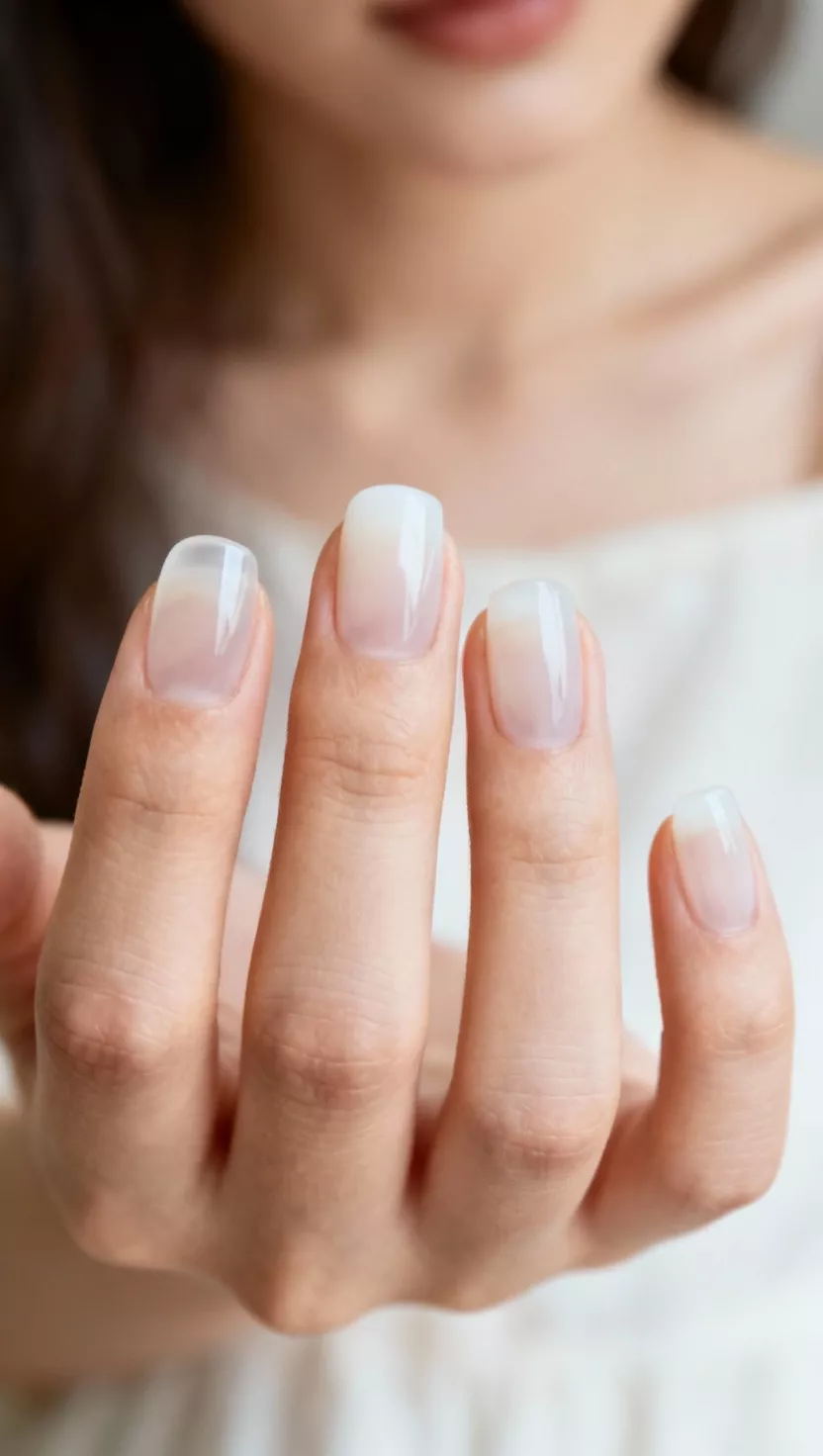 close-up shot of a woman’s hand with five fingers showing nails with a sheer, soft, milky white color, almost translucent, close-up nail photography, nail polish designs, pinterest aesthetic