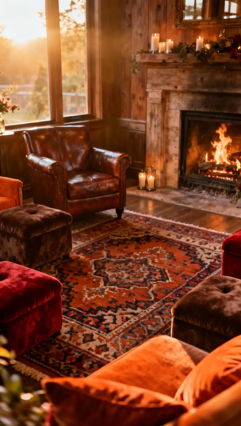 A professional photo, similar to a photo in a wedding magazine, of a welcoming corner of the venue made irresistibly cozy with a crackling fireplace, deep leather seating, and thick area rugs, encouraging intimate conversation among guests.