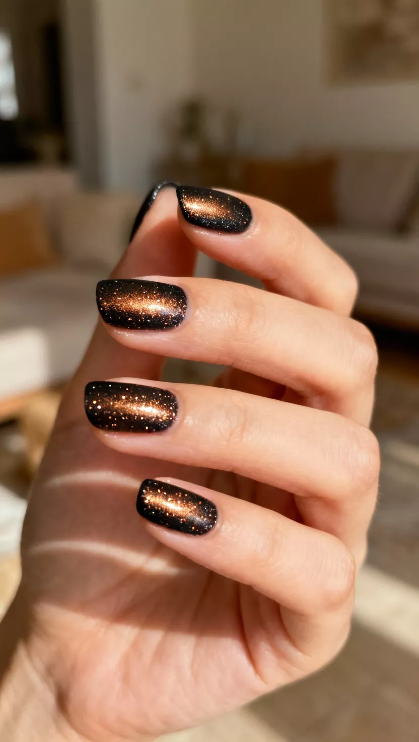 close-up shot of a woman’s hand with five fingers showing nails with a deep blackened bronze glitter polish, living room background.