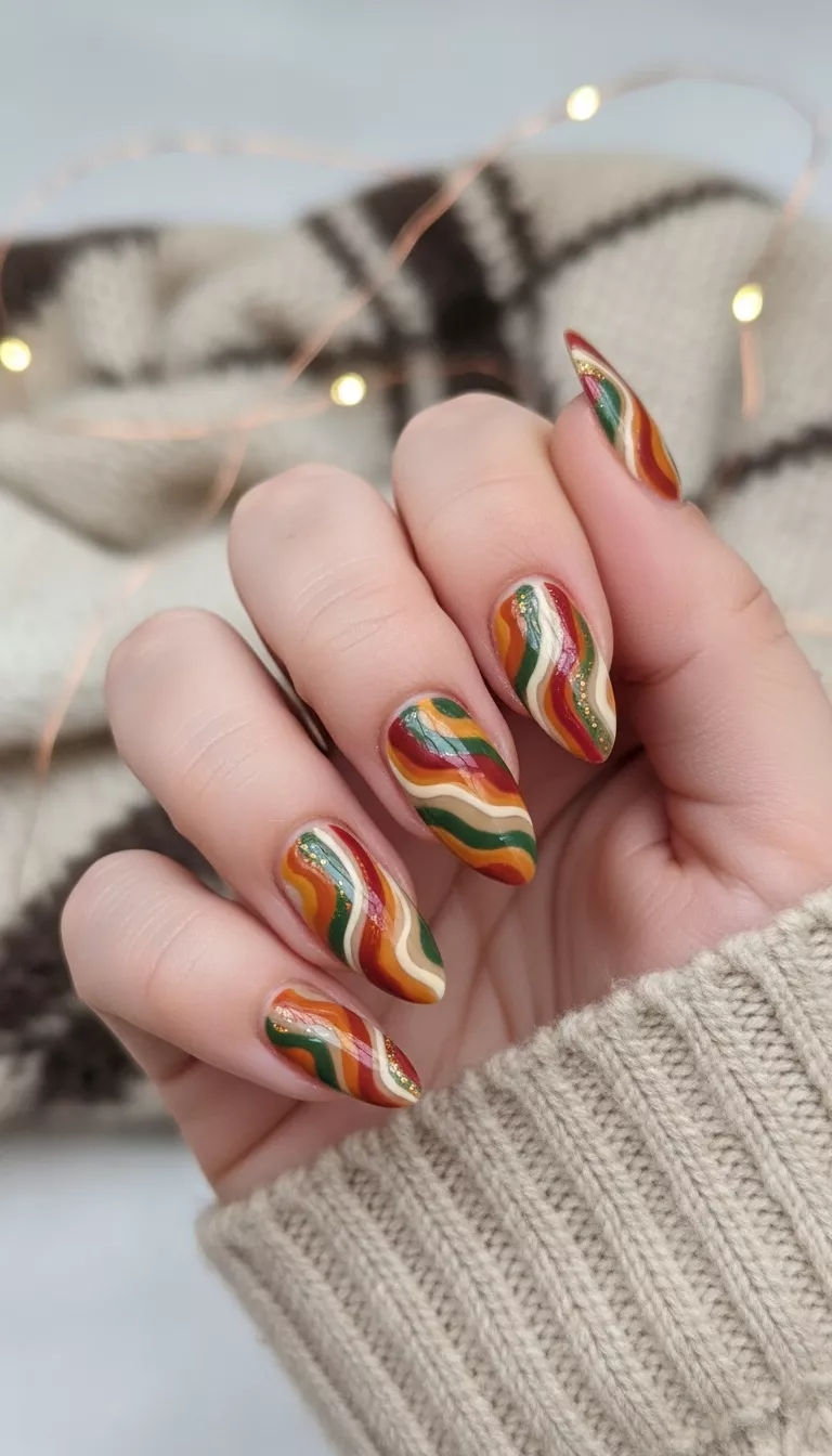 close-up shot of a woman’s hand showing nails with abstract, wavy patterns in warm earthy tones and festive red and green on a clear base, close-up nail photography, nail polish designs, pinterest aesthetic