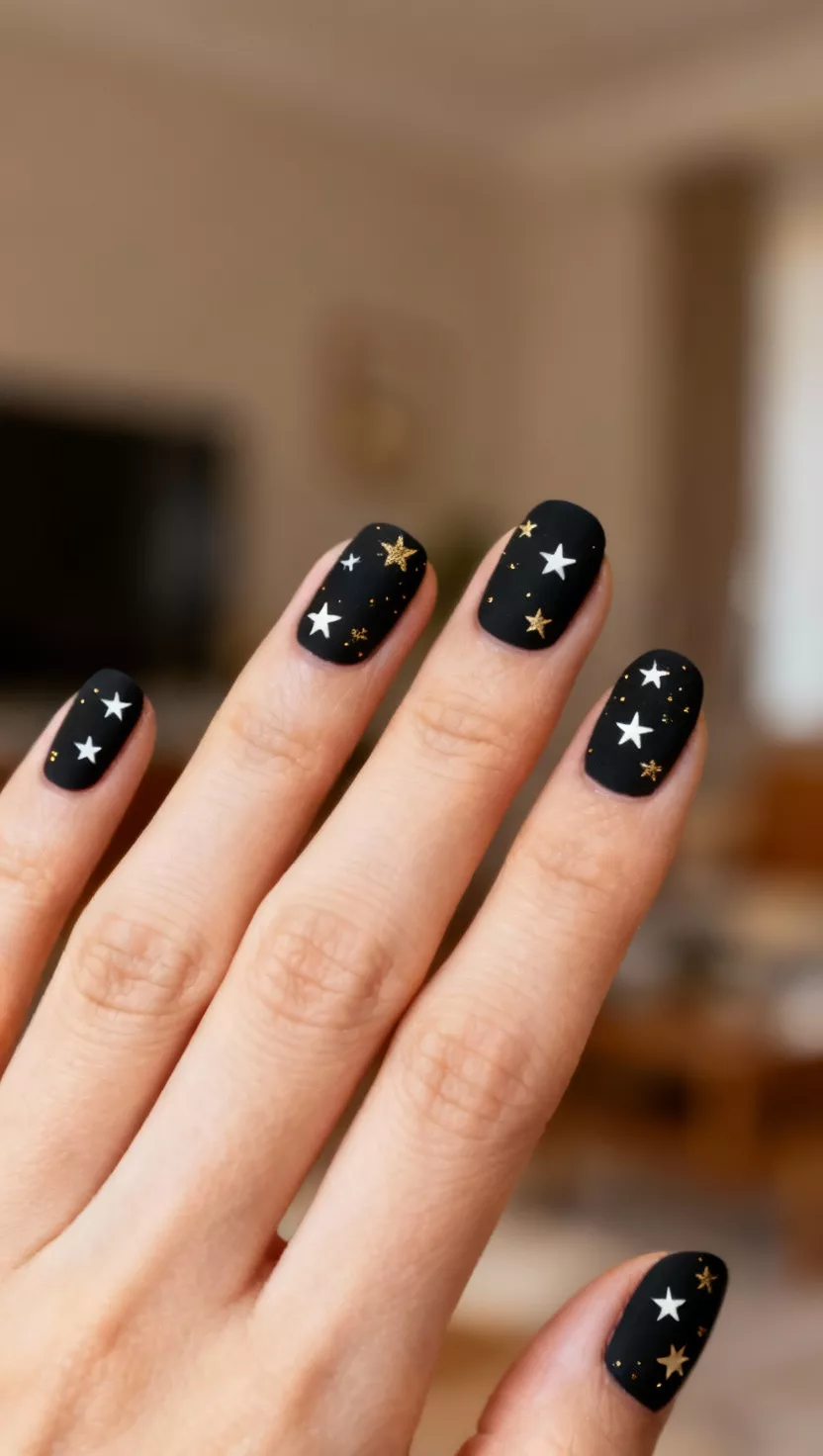 close-up shot of a woman’s hand with five fingers showing nails with a deep black base dotted with tiny, scattered white and gold stars, living room background.