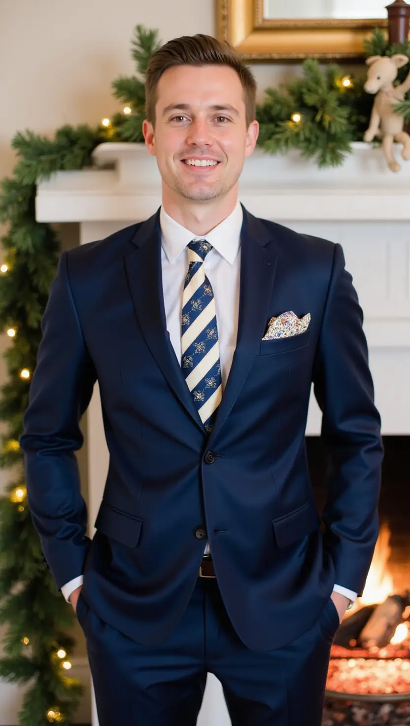 Navy Blue Suit With Festive Pocket Square
