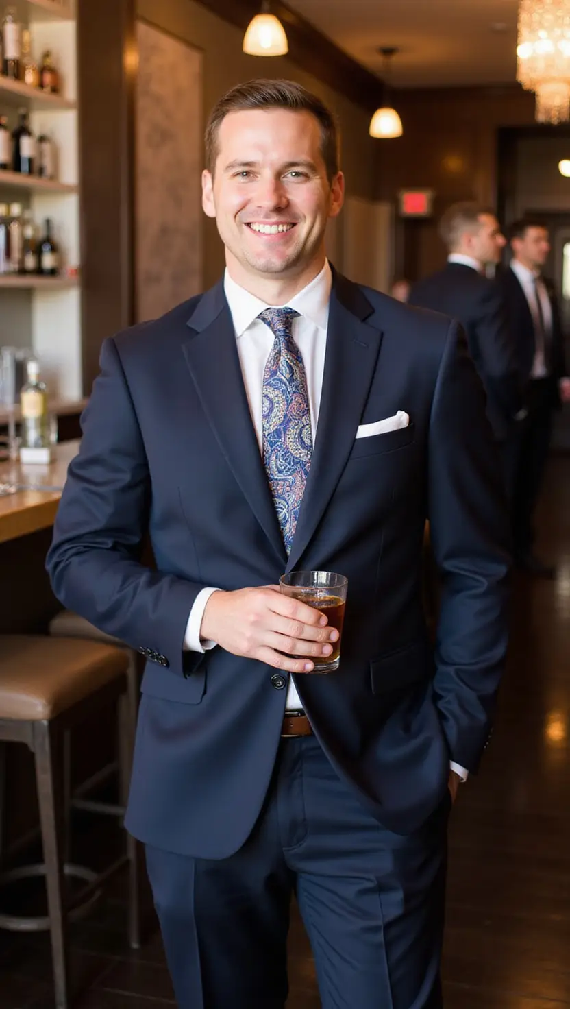 A wedding guest wearing a rich navy suit, sophisticated and polished, complemented by a striking paisley silk tie, smiling while holding a drink at a wedding bar.