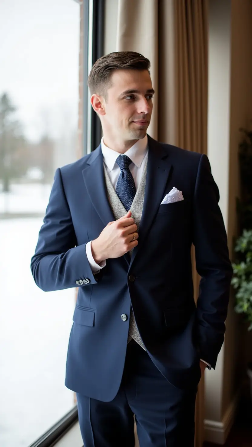 Navy Suit With Textured Knit Tie