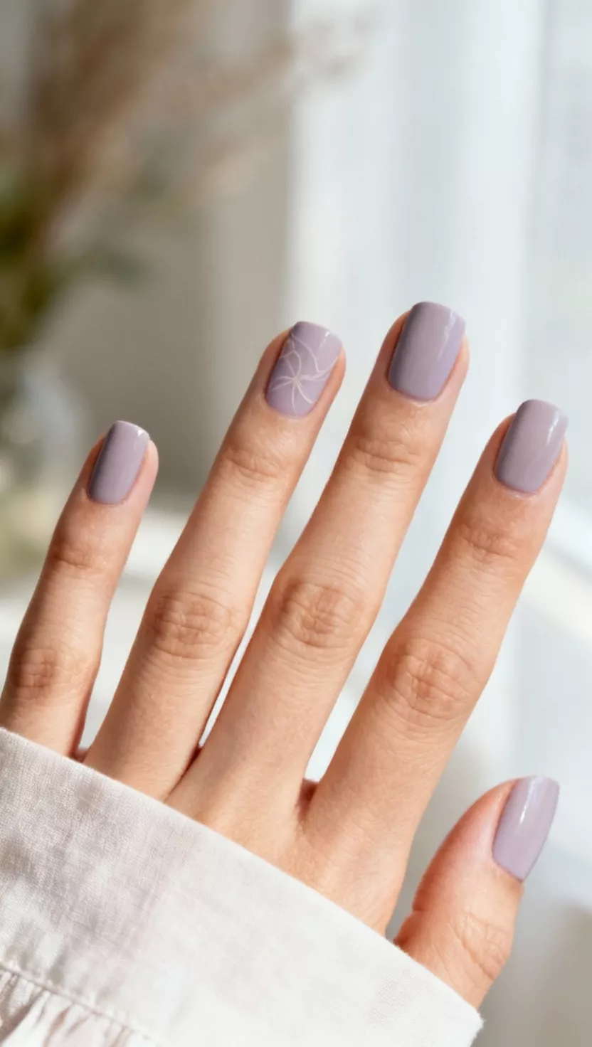 close-up shot of a woman’s hand with five fingers showing nails with a delicate, pale, almost dusty soft lavender shade, close-up nail photography, nail polish designs, pinterest aesthetic
