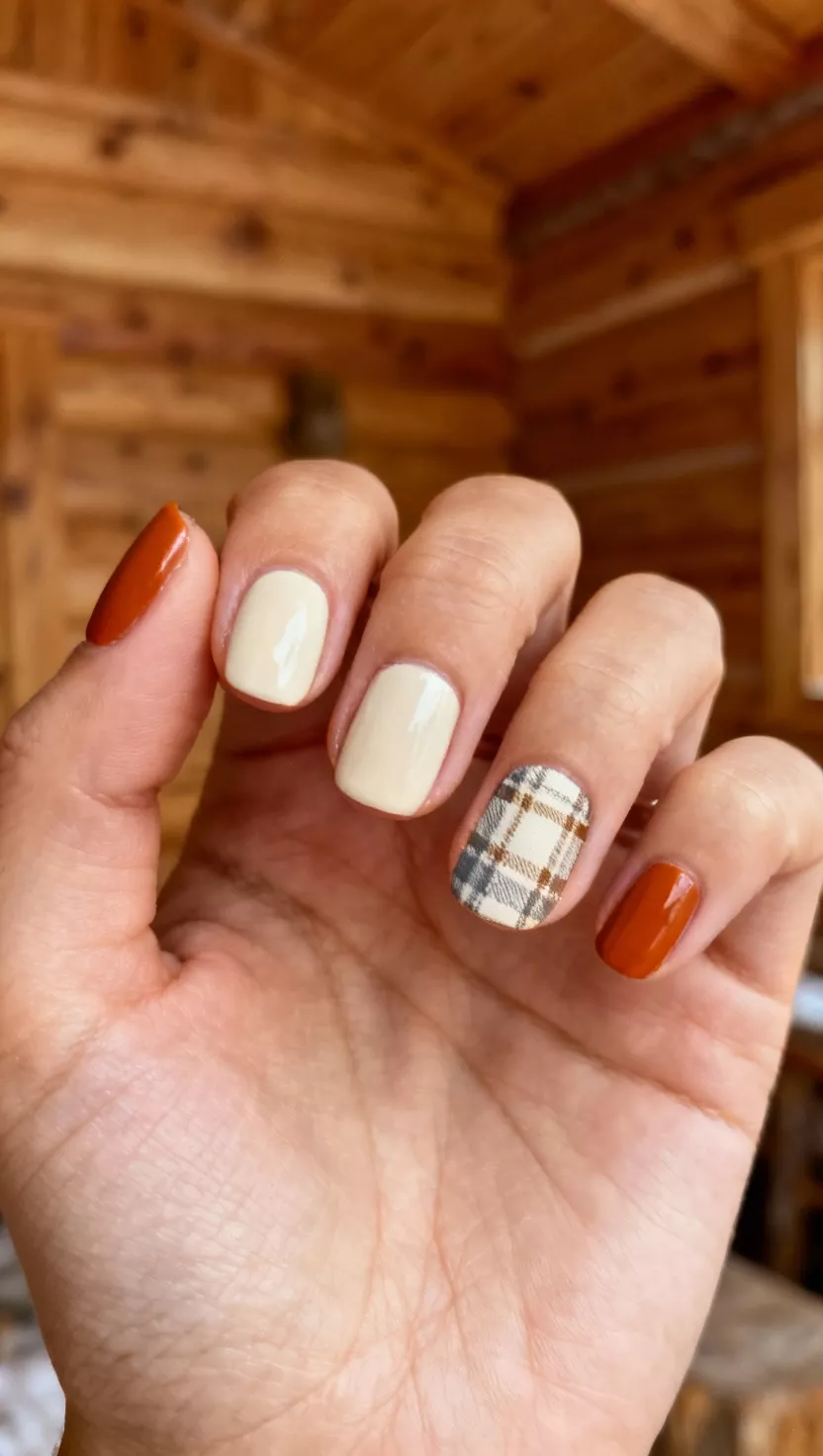 Tartan Plaid Accent Nail in Neutral Colors close-up shot of a woman’s hand with five fingers showing nails with three nails painted a simple cream color, one nail painted burnt orange, and the ring finger featuring a detailed neutral tartan plaid design (cream, grey, camel), wood cabin background.